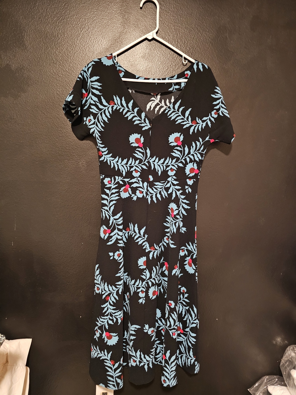 Boden Black Midi Dress with Light Blue Vine Print and Red Floral Accents - Picture 3 of 12